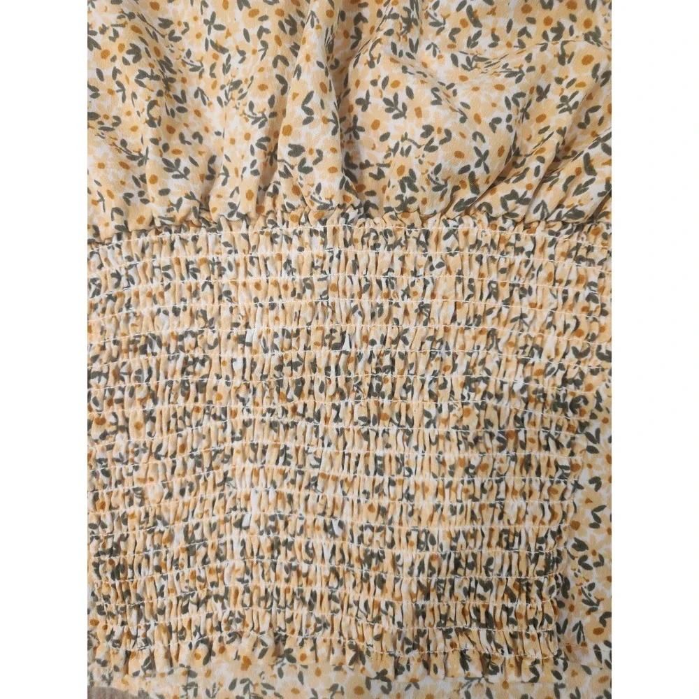 Abercrombie & Fitch Floral Wrap Top Yellow Puff Sleeve  Cottage‎ Boho Feminine S